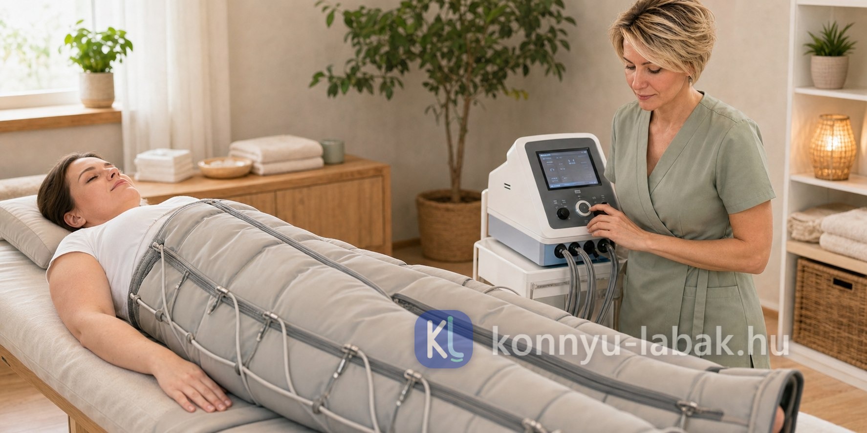 Feketéné Elise gépi nyomásterápiás nyirokkezelést állít be egy vendég számára