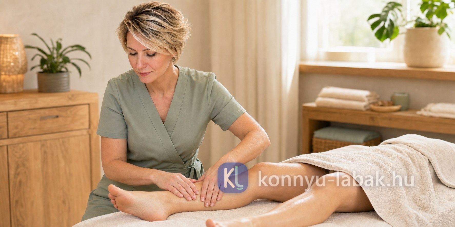 Feketéné Elise zsályazöld kezelőruhában manuális nyirokdrenázst végez