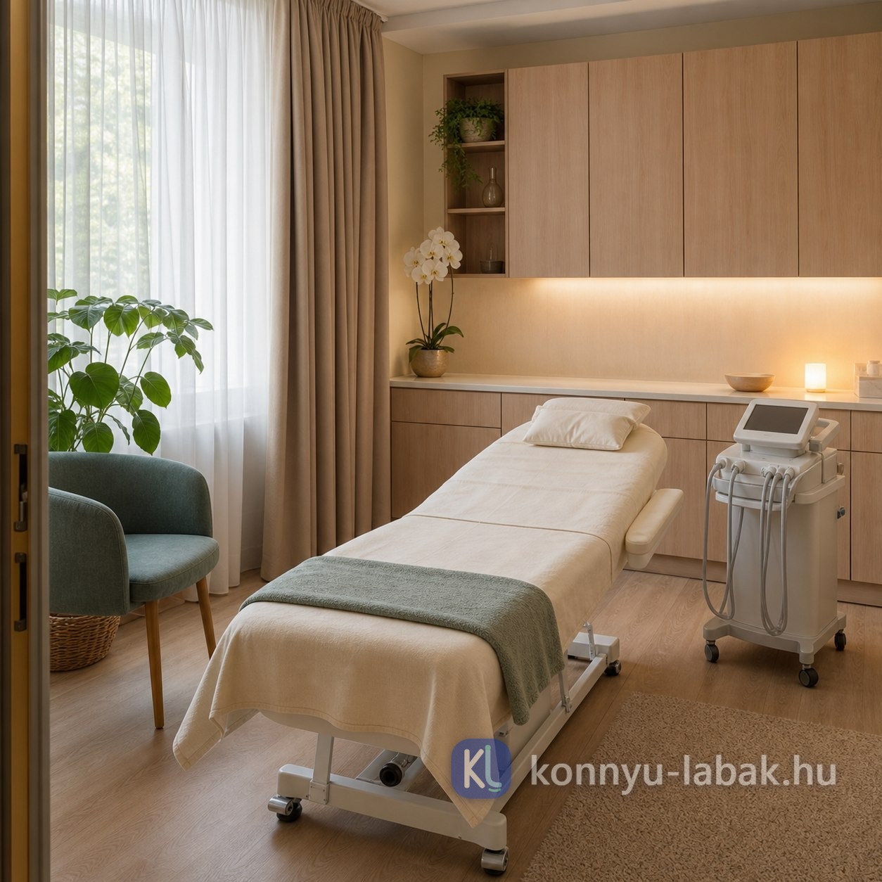 A Könnyű Lábak központ meleg hangulatú enteriőrje és felszerelt kezelőtere