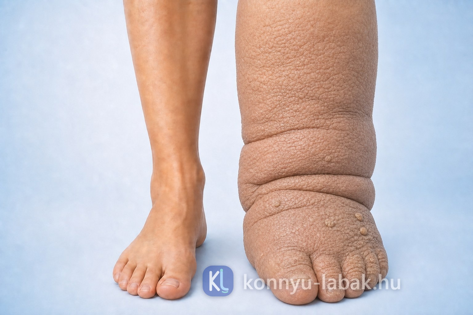 A negyedik stádiumú nyiroködéma, az elefantiázis szemléltetése egészséges és jelentősen megduzzadt, megvastagodott bőrű láb összehasonlításával